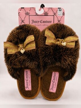Juicy Couture Brown Faux Fur Slippers with Pink Logo Tags